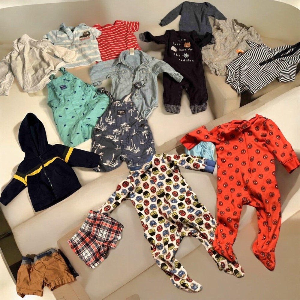 17pc bundle lot 9m boys shorts, jackets, overalls, one pieces no stains or wear
